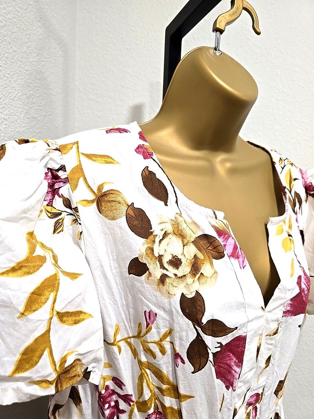 Meadow Rhodes Cream Floral Dress PXL Ruffle Tiered Midi Puff Sleeves Shabby Chic